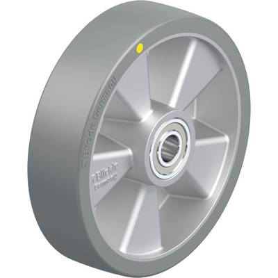 Een grijs wiel met robuust ontwerp en kogellagers, geschikt voor industriële toepassingen. Gemarkeerd met een geel punt voor identificatie.