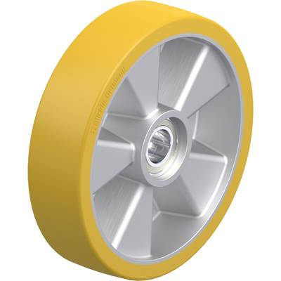 Metalen wiel met gele rubberen coating, geschikt voor industriële toepassingen. Zilveren spaken en centraal kogellager zichtbaar.