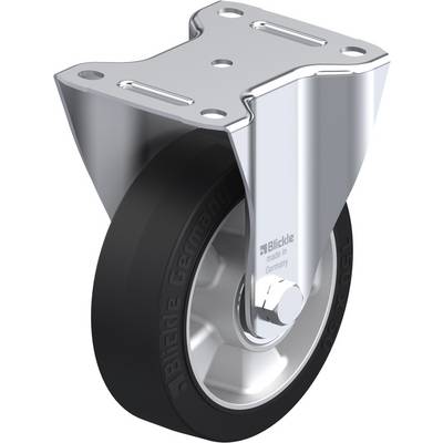 Een robuust loopwiel met metalen bevestiging, geschikt voor industriële toepassingen. Zwart wiel en glanzende metalen componenten.