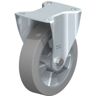 Een grijze industriële zwenkwiel met metalen behuizing en robuuste band, klaar voor montage aan een apparaat of wagen.