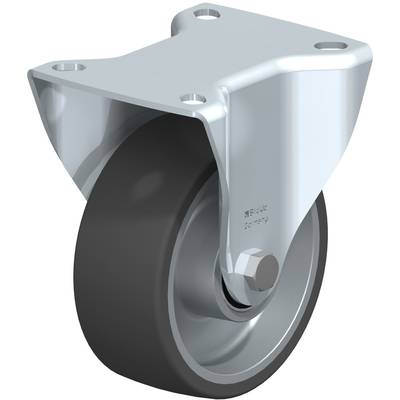 Metalen wiel met zwart loopvlak, geschikt voor meubels of apparaten. Schroefplaat aan de bovenzijde voor bevestiging.