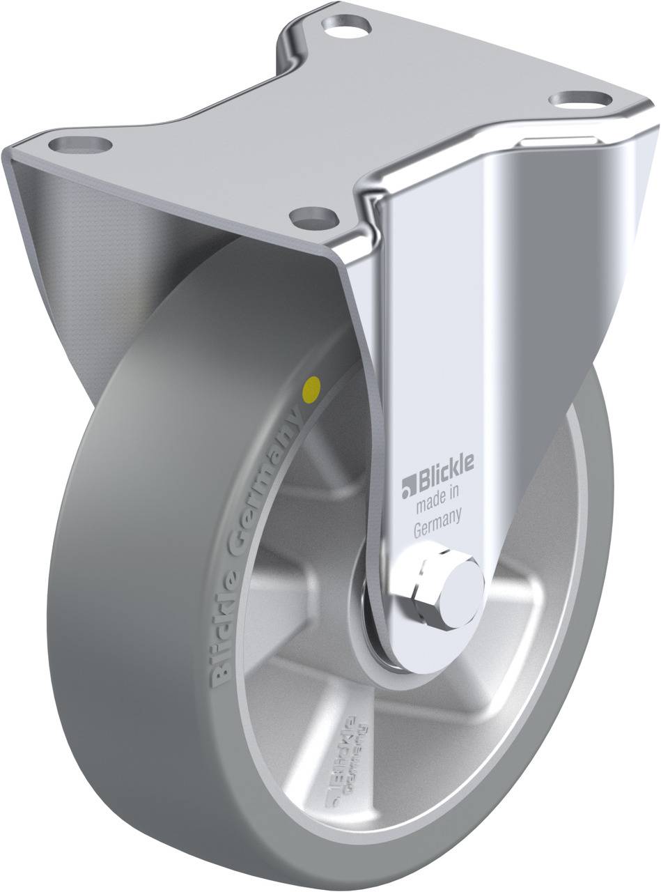 Zwenkwiel met grijs rubberen wiel en metalen beugel. Opschrift 'Blickle made in Germany'. Geschikt voor industriële toepassingen.