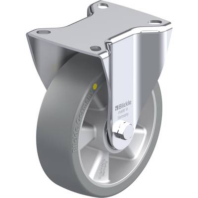 Zwenkwiel met grijs rubberen wiel en metalen beugel. Opschrift 'Blickle made in Germany'. Geschikt voor industriële toepassingen.