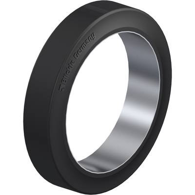 Een zwarte, cilindrische rubberen ring met een gladde, zilveren binnenzijde. Aan de buitenkant staat 'BIRKEN GERMANY' gegraveerd.