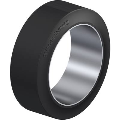Zwarte afdichtingsrubber met glanzende metalen binnenring. Tekst 'Bredde Germany' gegraveerd. Gebruikt in technische toepassingen.