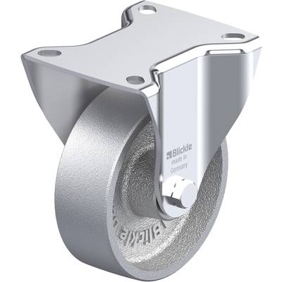 Metalen wiel met bevestigingsplaat, geschikt voor zware toepassingen. Gemerkt met 'Blickle made in Germany'.