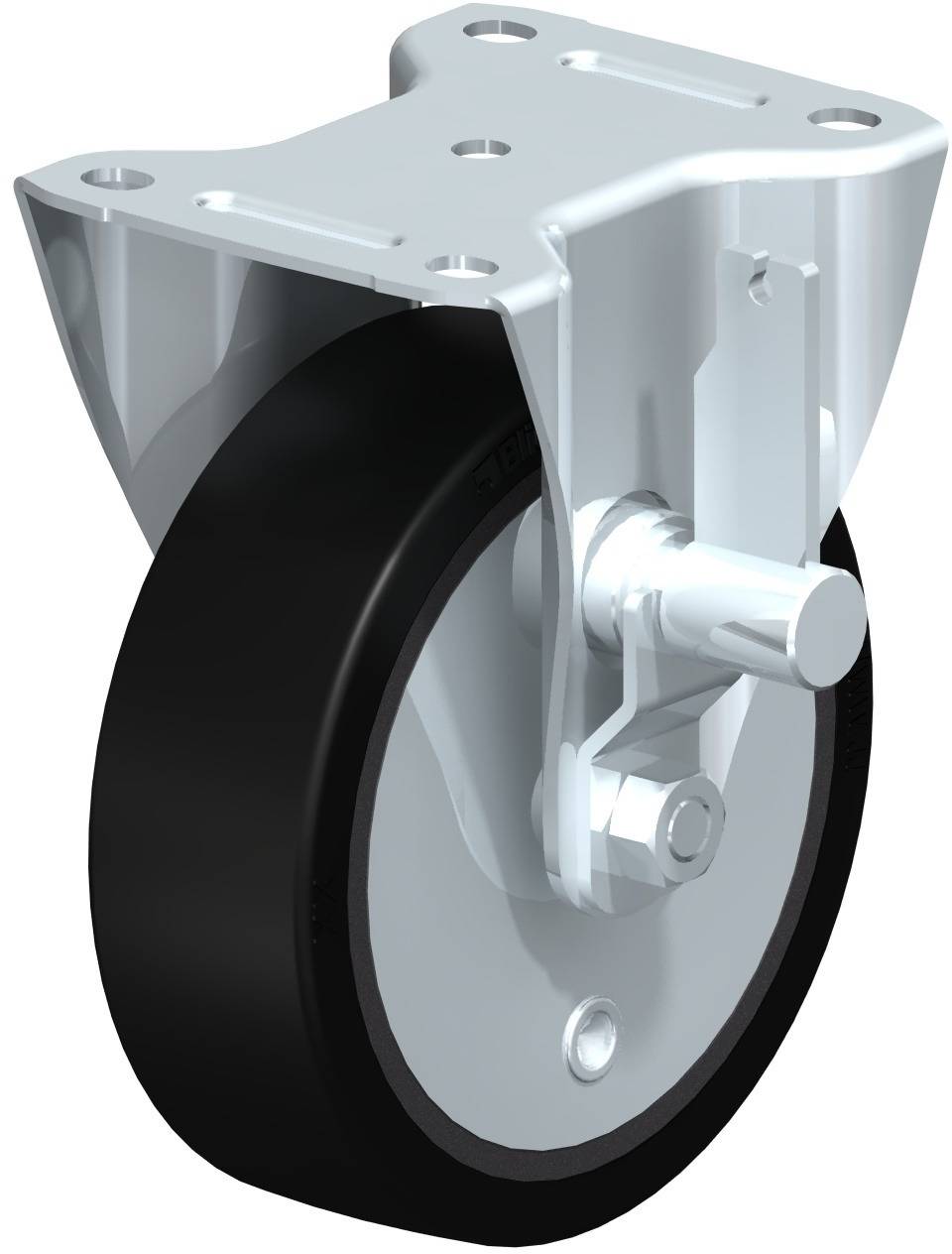 Een zwart loopwiel met een stabiele metalen bevestiging, dat wordt gebruikt als wiel voor meubelstukken of transportkarren.