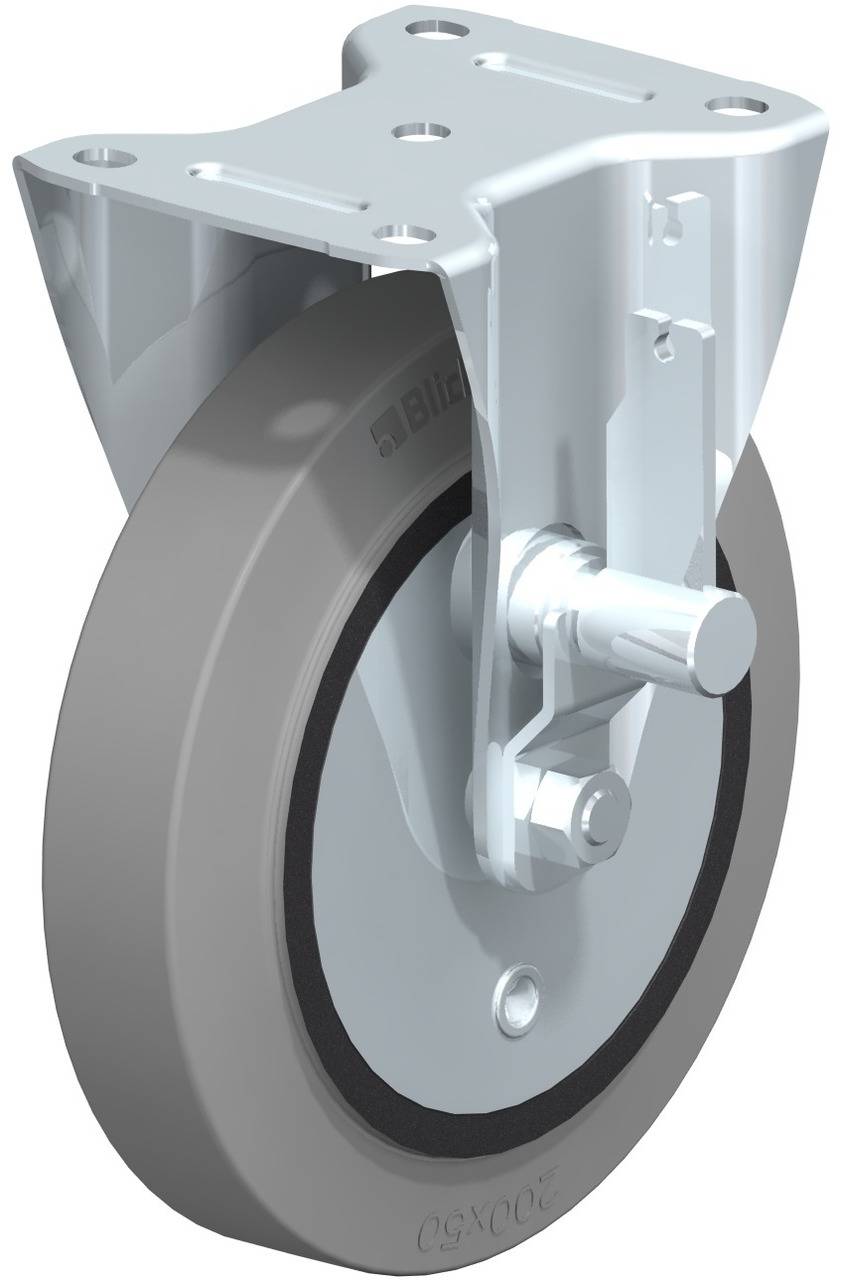 Grijze zwenkwiel van rubber aan een metalen bevestiging, die draai- en zwenkbewegingen mogelijk maakt.