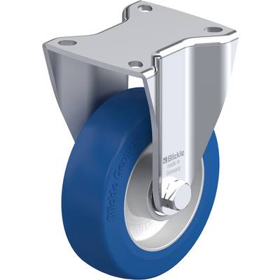 Draaibaar stuurwiel met blauwe rubberbekleding en behuizing van zilver metaal, ontworpen voor stabiel en geruisloos transport.