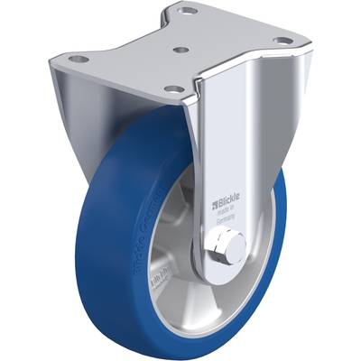 Zwenkwiel met blauwe, slijtvaste rubberen loopvlak en robuuste metalen behuizing, geschikt voor industriële toepassingen.