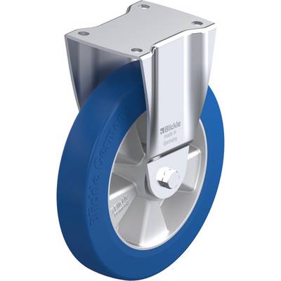 Blauw polyurethaan wiel met zilveren metalen behuizing, voorzien van opschrift 'Blickle Germany'.