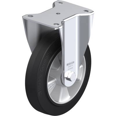 Zwenkwiel met metalen beugel en zwart rubberen wiel, geschikt voor zware toepassingen. Op de beugel staat 'Blickle'.