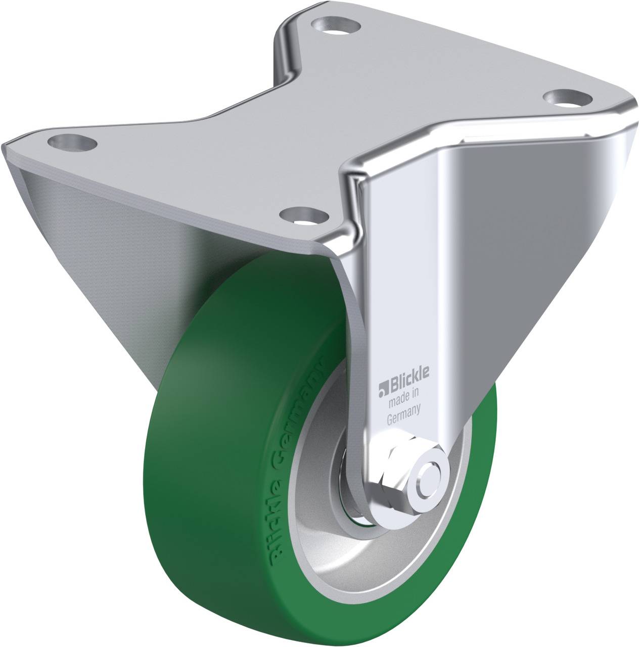 Zwenkwiel met groen wiel en metalen bevestiging, geschikt voor industriële toepassingen. Robuuste constructie, gefabriceerd in Duitsland.