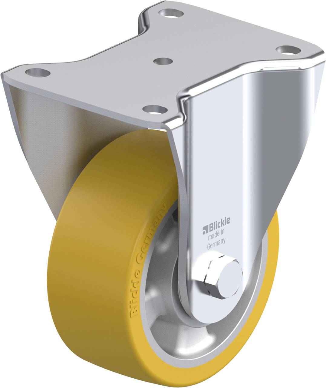 Industriële rol met geel wiel en zilveren metalen bevestiging, merknaam 'Blickle' herkenbaar.