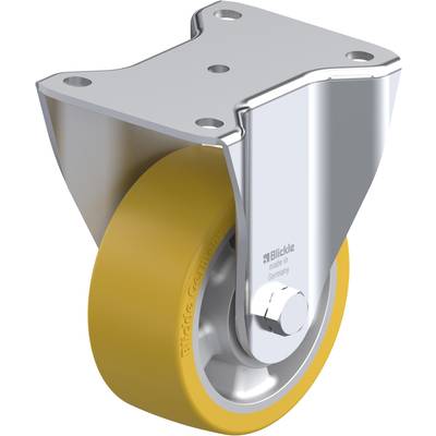 Industriële rol met geel wiel en zilveren metalen bevestiging, merknaam 'Blickle' herkenbaar.
