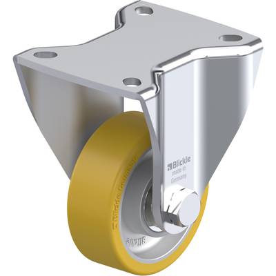 Een zware zwenkwiel met een geel PU-wiel en een zilver metalen behuizing, geschikt voor industriële toepassingen.