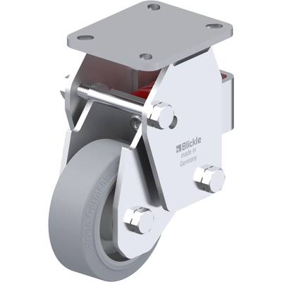 Zwenkwiel met vergrendelbaar grijs rubberen wiel, gemonteerd in een metalen behuizing, geschikt voor industrieel gebruik.