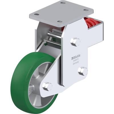 Industriële zware transportrol met groen wiel en schokdempende metalen constructie. Geschikt voor zware lasten en ruwe ondergronden.