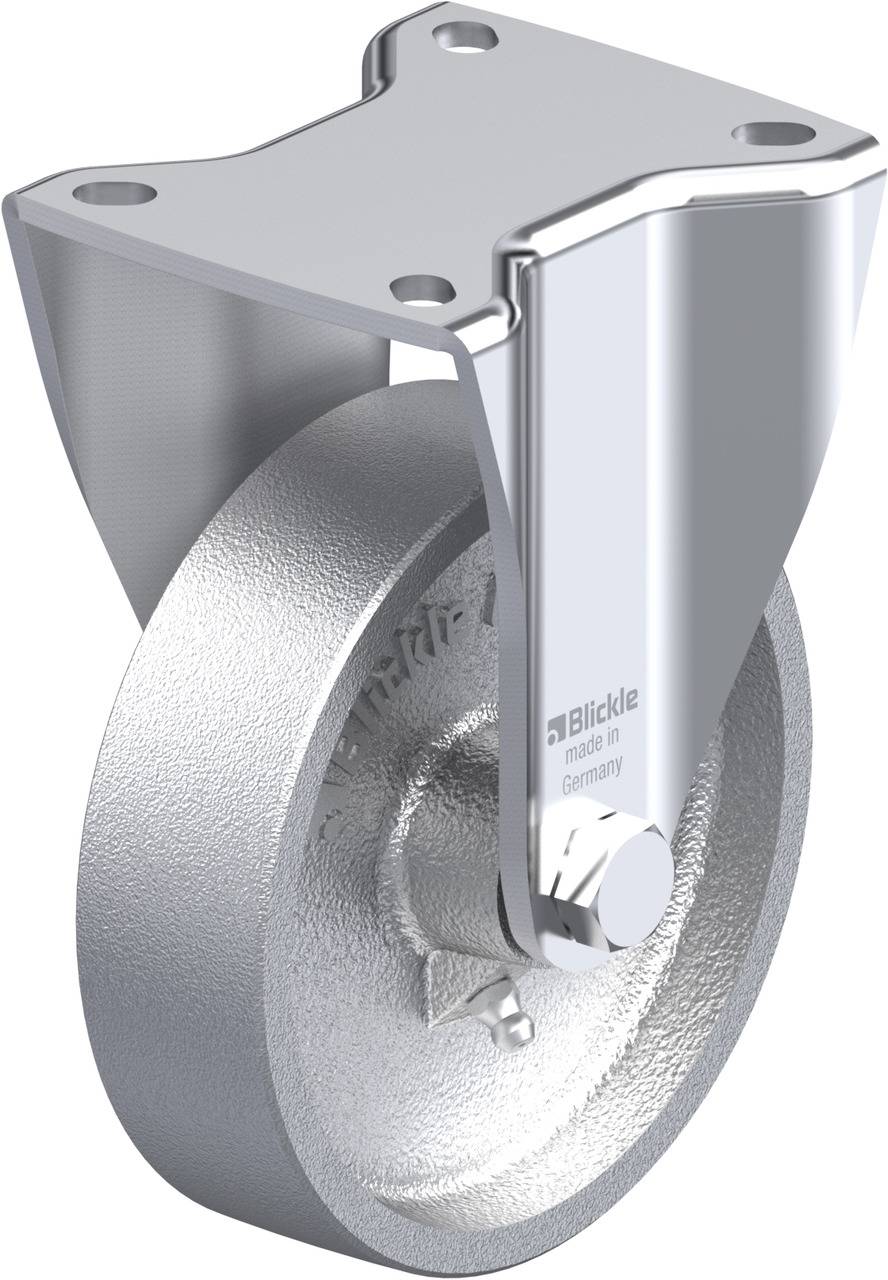 Metalen zwenkwiel met metalen behuizing en vast wiel, geschikt voor industriële toepassingen.