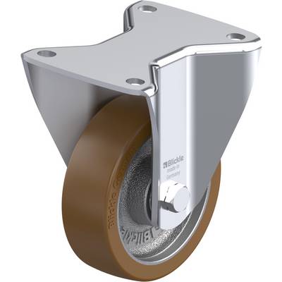 Een draaibare, metalen transportwielstelselbehuizing met een bruine rubberen wielafdekking. Gemarkeerd met 'Blickle Germany'.