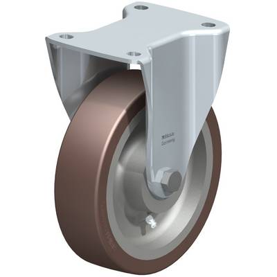 'Industriewiel met een grijs metalen behuizing en een bruin wiel. Gebruikt voor zware lasten in industriële toepassingen.'