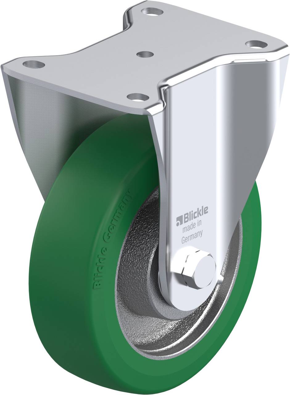 Groen-zwarte wiel met een zilveren metalen behuizing en bevestigingsplaat, waarop staat 'Blickle made in Germany'. Geschikt voor meubel- of apparaatverplaatsing.