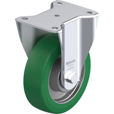 Groen-zwarte wiel met een zilveren metalen behuizing en bevestigingsplaat, waarop staat 'Blickle made in Germany'. Geschikt voor meubel- of apparaatverplaatsing.