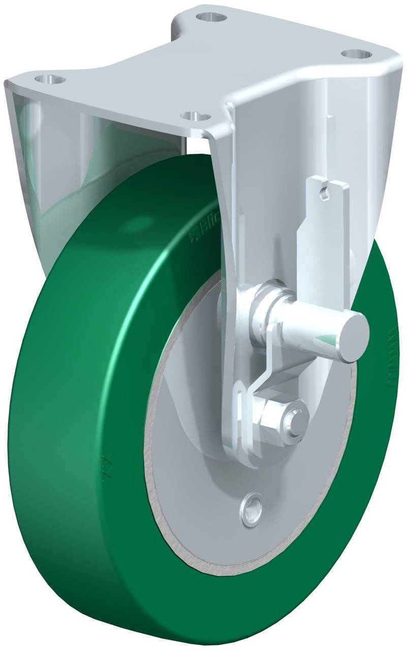 Groen zwenkbaar stuurwiel met metalen behuizing, zijaanzicht.