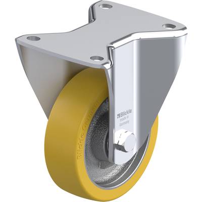 Industriële zwenkwiel van metaal met geel wiel, geschikt voor gebruik aan machines of meubels; robuust en draaibaar.