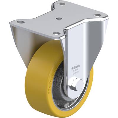 Industriële stuurwiel met geel wiel en metalen bevestiging, geschikt voor zware lasten en vloervriendelijkheid. Label 'Blickle'.