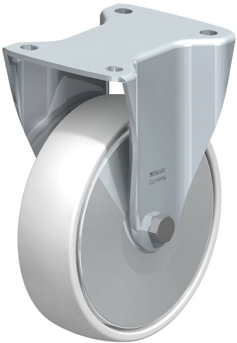 Een grijze wielen met een stevige metalen behuizing, ontworpen voor bevestiging aan een object. Geschikt voor industriële toepassingen.