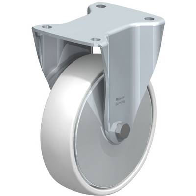 Een grijze wielen met een stevige metalen behuizing, ontworpen voor bevestiging aan een object. Geschikt voor industriële toepassingen.