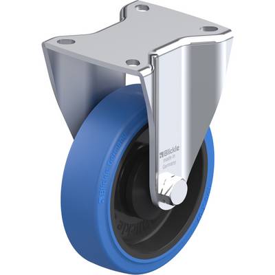Draaibaar transportapparaat-wiel van metaal en blauwe rubber, met opdruk 'made in Germany', gebruikt voor montage aan apparaten en meubels.