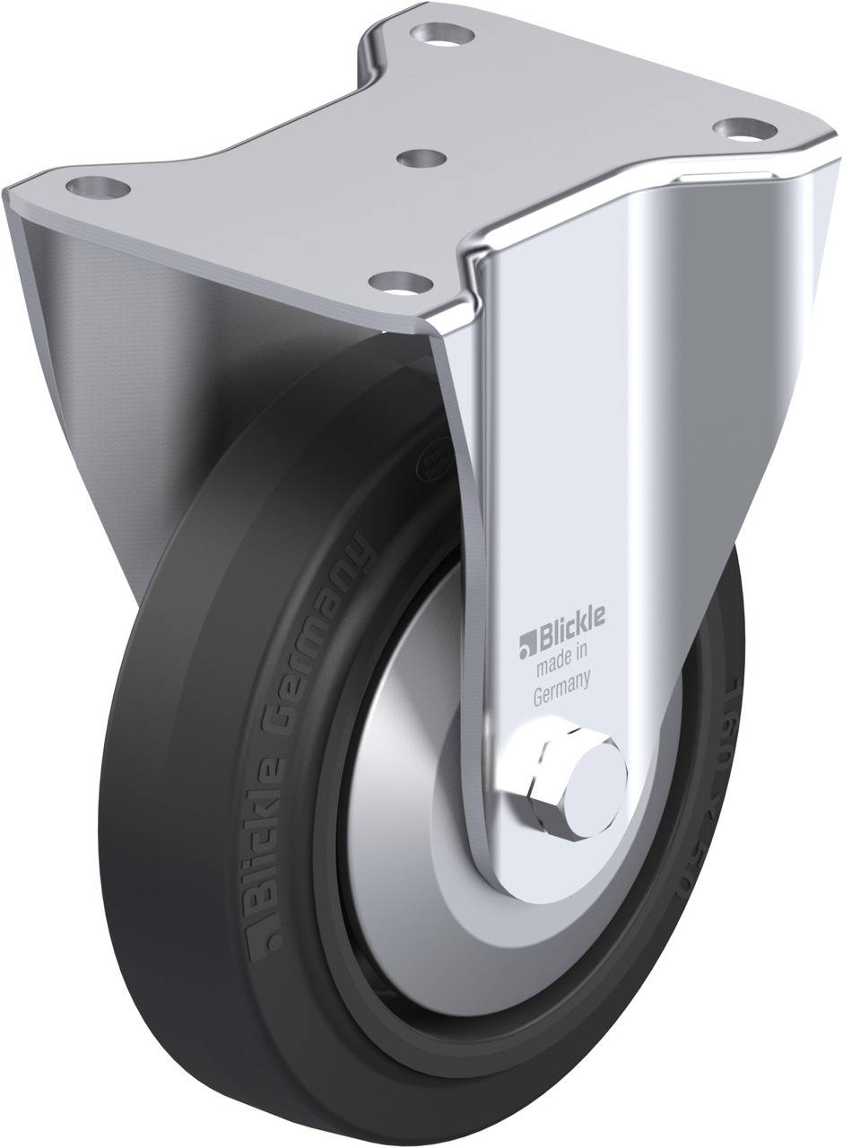 Metalen rol met een zwart wiel, gemonteerd op een stalen steun, met het opschrift 'Blickle made in Germany'.