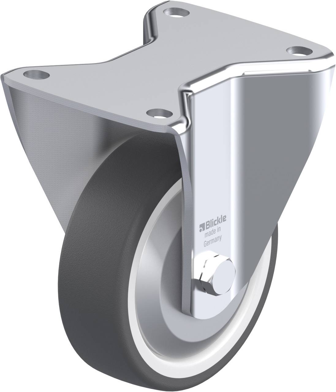 Een vergrendelbare zwenkwiel met een zilver metalen behuizing en een zwart wiel, geschikt voor meubels of transportkarren.