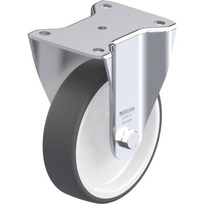 Metalen wiel met zwarte band, gemonteerd op een zilveren beugel. Opschrift op de beugel: 'Blickle, made in Germany'.