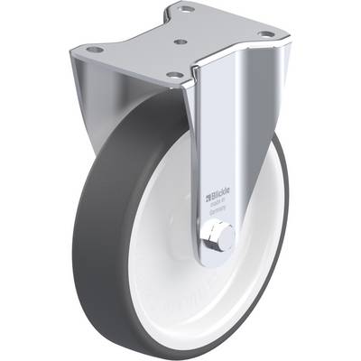 Zwenkwiel met grijs wiel en behuizing van zilver metaal, geschikt voor industrieel gebruik, met opschrift 'Blickle - made in Germany'.