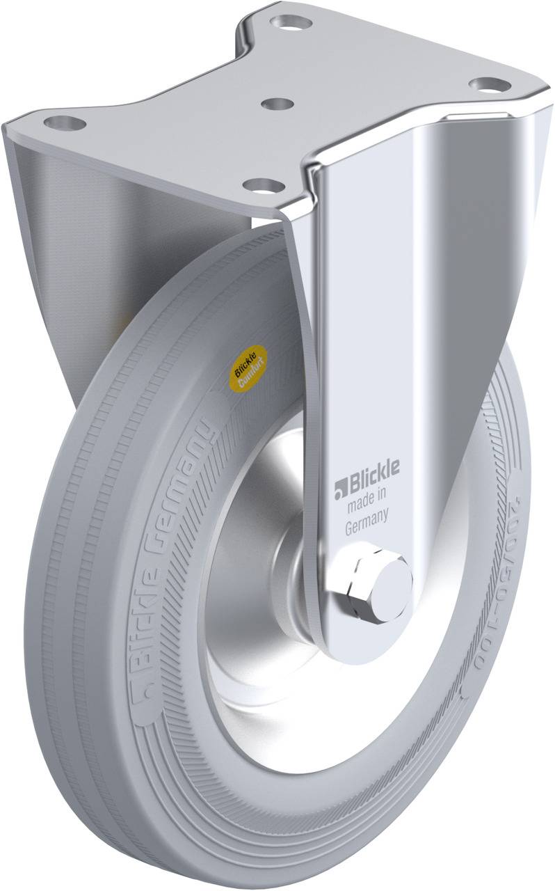 Metalen zwenkwiel met grijs wiel, monteerbaar via een vierkante plaat. Wiel voorzien van opschrift 'Blickle made in Germany'.