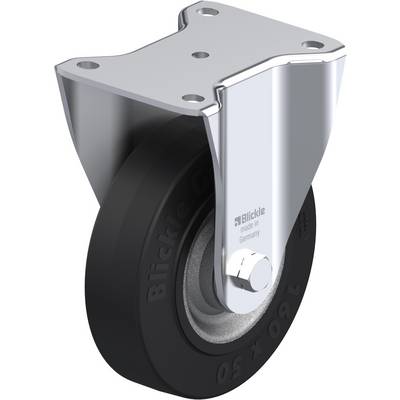 Zwart wiel met metalen bevestiging, opschrift 'Blickle made in Germany'. Geschikt voor meubels of apparaten.
