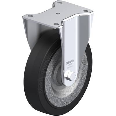 Een zwart rubberen wiel met zilveren metalen bevestiging en bouten, geschikt voor industrieel gebruik, met het opschrift 'Blickle'.