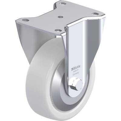 Grijze stuurwiel met metalen bevestiging, geschikt voor industriële toepassingen. Opschrift 'Blickle made in Germany'.
