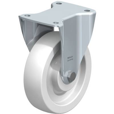 Zwenkwiel met metalen bevestiging en wit wiel, geschikt voor industriële toepassingen. Markering toont 'made in Germany'.