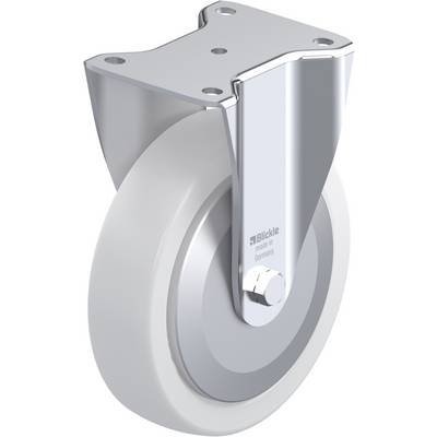 Metalen wiel met witte rol en bevestiging. Gravure: 'Blickle, made in Germany'. Geschikt voor meubels of apparaten die over de vloer bewogen worden.