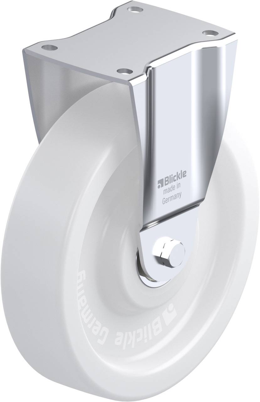 Een wit wiel met metalen behuizing, aan de zijkant voorzien van 'Blickle made in Germany', gebruikt in industriële machines of meubilair.