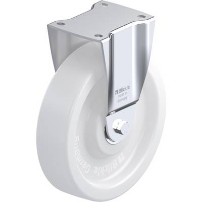Een wit wiel met metalen behuizing, aan de zijkant voorzien van 'Blickle made in Germany', gebruikt in industriële machines of meubilair.