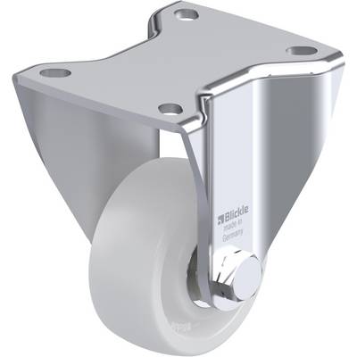 Een stevig metalen rollager met een witte kunststofrol. Geschikt voor meubels en transport.