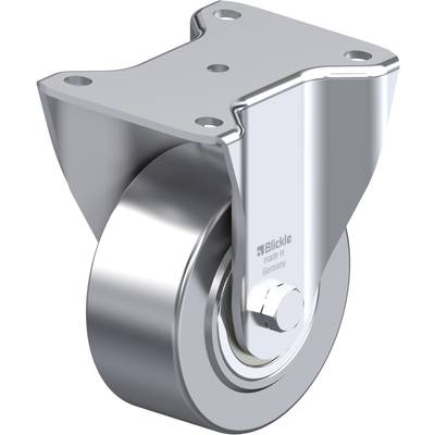 Metalen zware zwenkwiel met een gladde, ronde oppervlakte, gemonteerd op een rechthoekige plaat met vier gaten.
