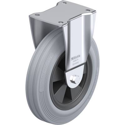 Op de afbeelding staat een metalen stuurwiel met een grijs wiel en een bevestigingsplaat. Op de houder staat 'Blickle made in Germany'.