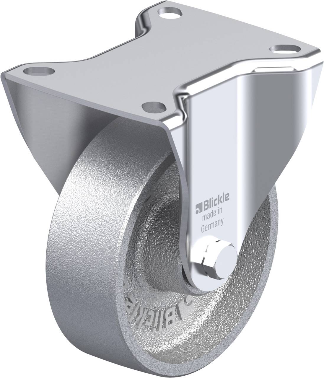 Metalen zwenkwiel met bevestigingsplaat, geschikt voor industriële toepassingen, gelabeld 'Blickle made in Germany'.