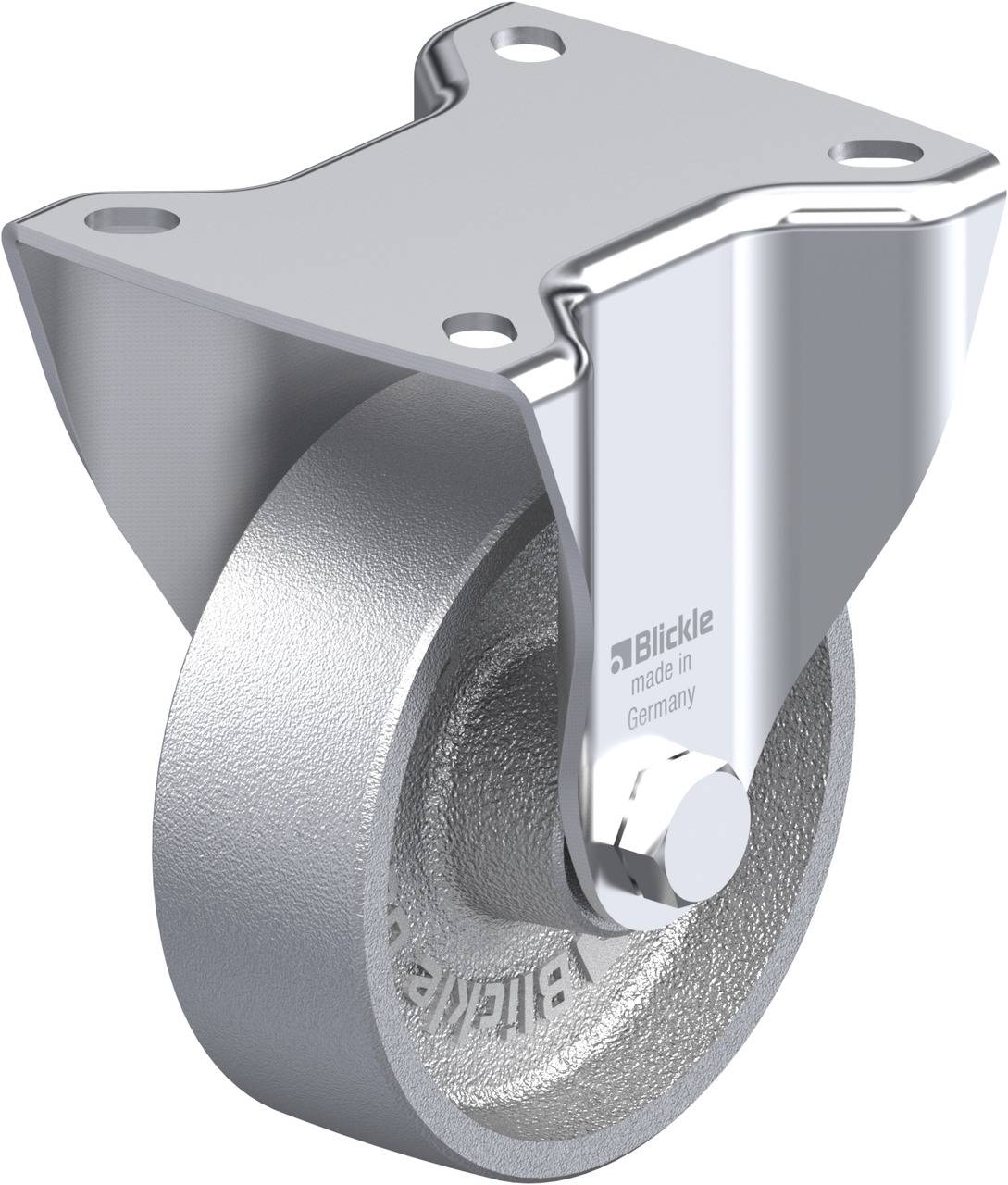 Metalen rolhouder met wiel, voorzien van 'Blickle - made in Germany' opdruk. Geschikt voor transport- en industriële toepassingen.